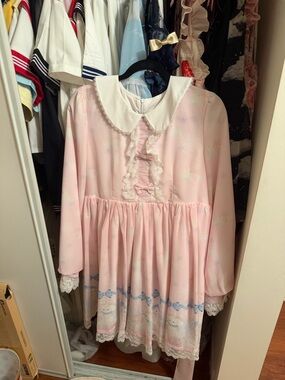 Lolita kawaii Pink Long Sleeve Peter Pan Collar Dress with Lace Trim
